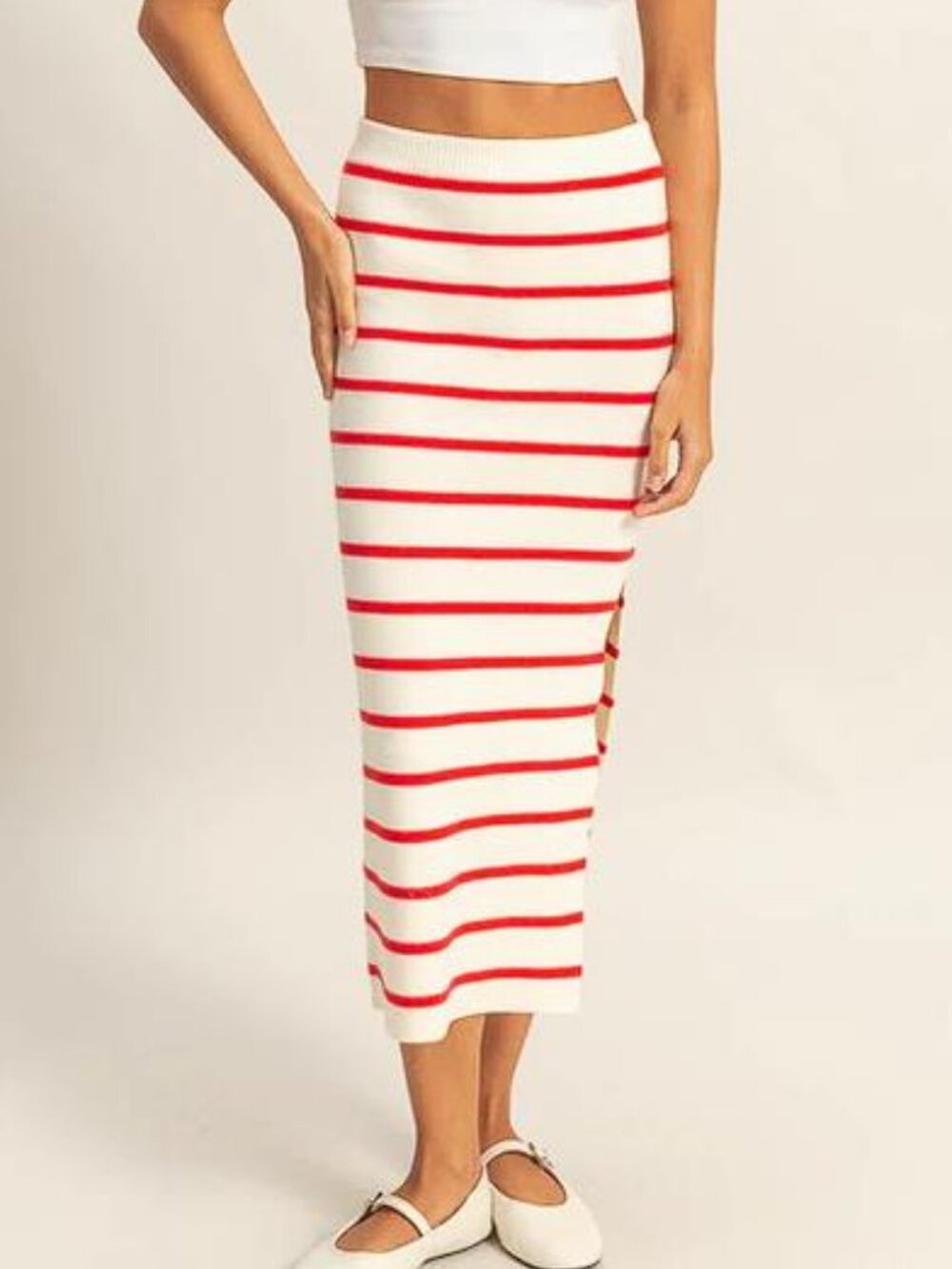 DOUBLE ZERO Women's Side Slit Striped Bodycon Sweater Skirt Size L In Ivory/Red